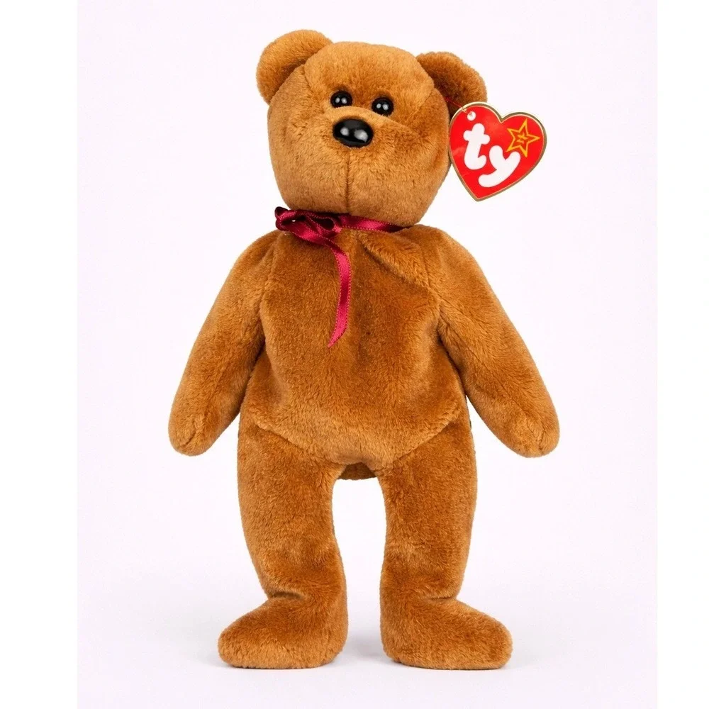 Ty‎ Beanie Babies Teddy Bear 1995 Brown Plush Burgundy Ribbon Style 4050 Vintage